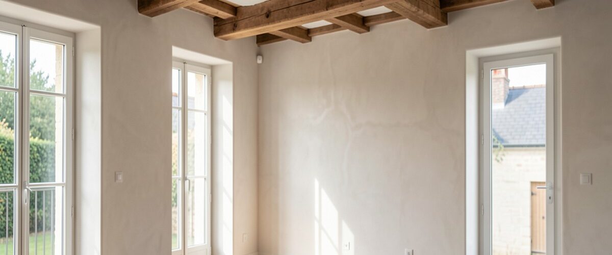 Intérieur de maison rénovée avec poutres apparentes et lumière naturelle traversant de nouvelles fenêtres