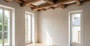 Intérieur de maison rénovée avec poutres apparentes et lumière naturelle traversant de nouvelles fenêtres