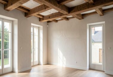 Intérieur de maison rénovée avec poutres apparentes et lumière naturelle traversant de nouvelles fenêtres