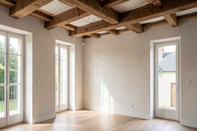 Intérieur de maison rénovée avec poutres apparentes et lumière naturelle traversant de nouvelles fenêtres