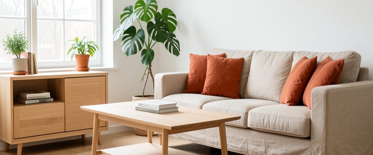 Salon lumineux scandinave avec meubles en chene clair, canape beige et plante Monstera