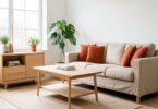 Salon lumineux scandinave avec meubles en chene clair, canape beige et plante Monstera