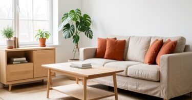 Salon lumineux scandinave avec meubles en chene clair, canape beige et plante Monstera