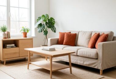 Salon lumineux scandinave avec meubles en chene clair, canape beige et plante Monstera