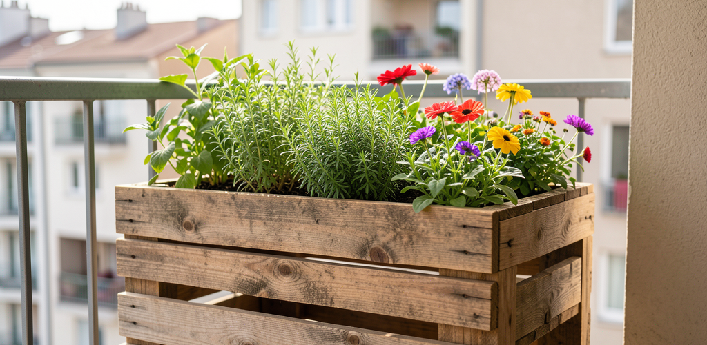 Jardinière en bois de palette remplie d herbes aromatiques et de fleurs sur un balcon ensoleillé, projet DIY fait main