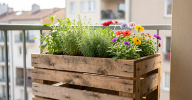Jardinière en bois de palette remplie d herbes aromatiques et de fleurs sur un balcon ensoleillé, projet DIY fait main