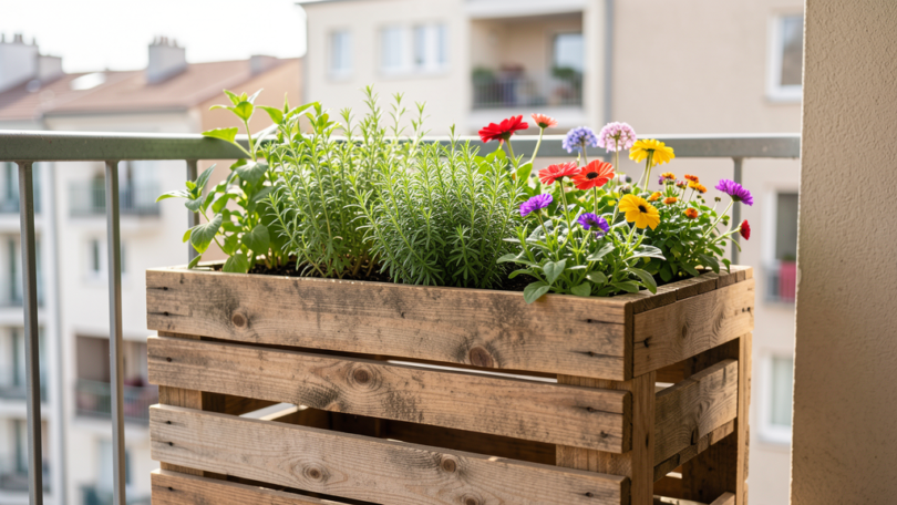Jardinière en bois de palette remplie d herbes aromatiques et de fleurs sur un balcon ensoleillé, projet DIY fait main
