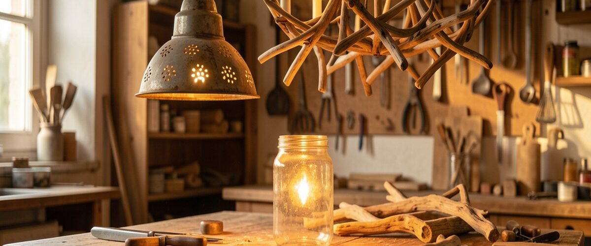 Atelier rustique avec lampes fabriquées à partir de matériaux recyclés, passoire vintage en suspension et bocaux en verre diffusant une lumière chaude