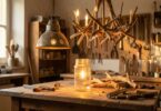 Atelier rustique avec lampes fabriquées à partir de matériaux recyclés, passoire vintage en suspension et bocaux en verre diffusant une lumière chaude