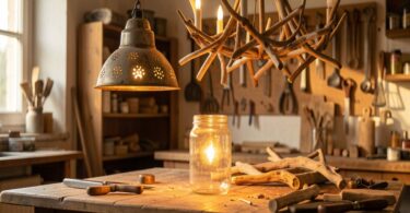 Atelier rustique avec lampes fabriquées à partir de matériaux recyclés, passoire vintage en suspension et bocaux en verre diffusant une lumière chaude