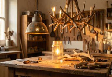 Atelier rustique avec lampes fabriquées à partir de matériaux recyclés, passoire vintage en suspension et bocaux en verre diffusant une lumière chaude
