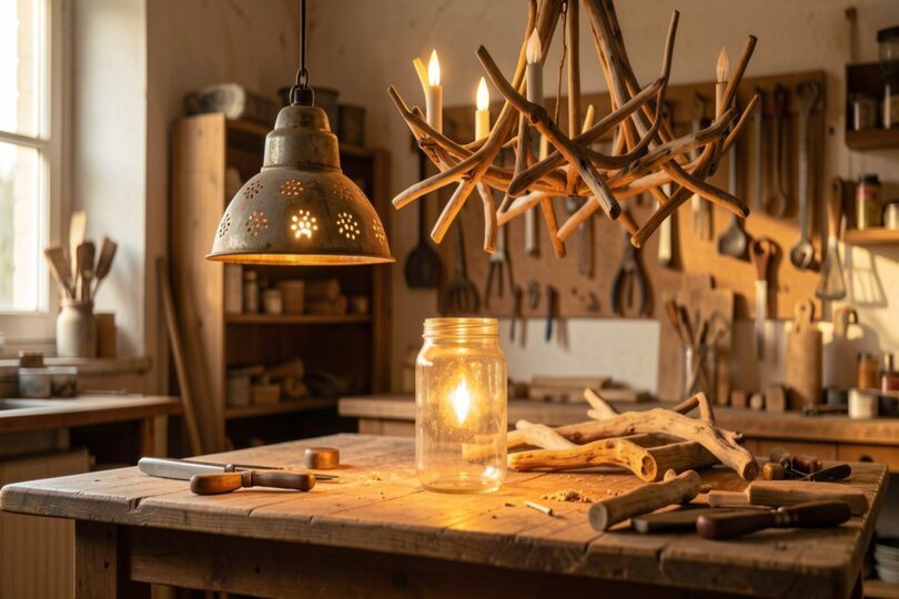 Atelier rustique avec lampes fabriquées à partir de matériaux recyclés, passoire vintage en suspension et bocaux en verre diffusant une lumière chaude