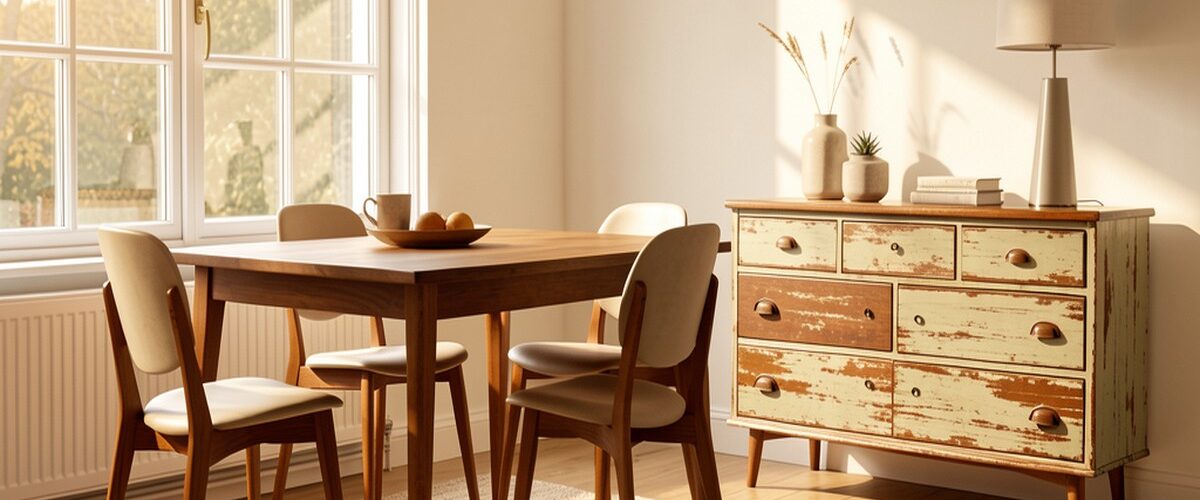 Mix de meubles vintage et modernes dans un salon lumineux illustrant le choix entre neuf et occasion