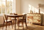 Mix de meubles vintage et modernes dans un salon lumineux illustrant le choix entre neuf et occasion