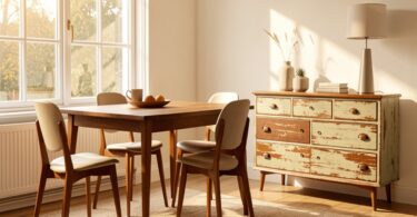Mix de meubles vintage et modernes dans un salon lumineux illustrant le choix entre neuf et occasion