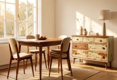 Mix de meubles vintage et modernes dans un salon lumineux illustrant le choix entre neuf et occasion