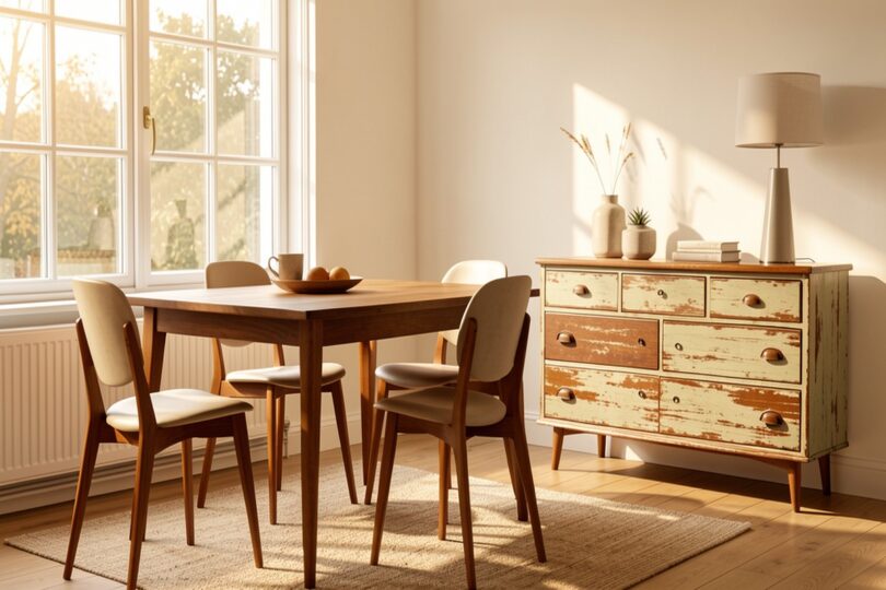 Mix de meubles vintage et modernes dans un salon lumineux illustrant le choix entre neuf et occasion