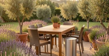 Terrasse méditerranéenne avec mobilier de jardin en bois, résine tressée et aluminium entouré de lavandes et oliviers