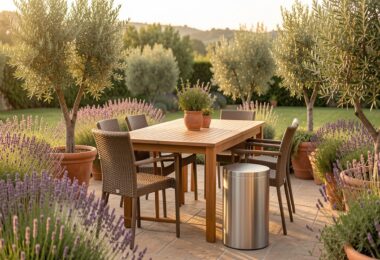 Terrasse méditerranéenne avec mobilier de jardin en bois, résine tressée et aluminium entouré de lavandes et oliviers