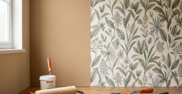 Mur moitié peinture beige moitié papier peint à motifs botaniques, outils de bricolage au sol