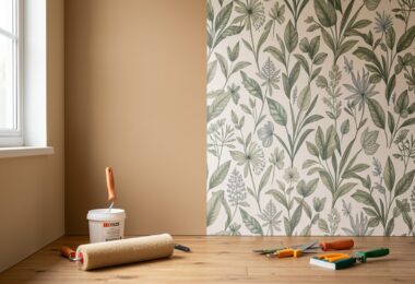 Mur moitié peinture beige moitié papier peint à motifs botaniques, outils de bricolage au sol