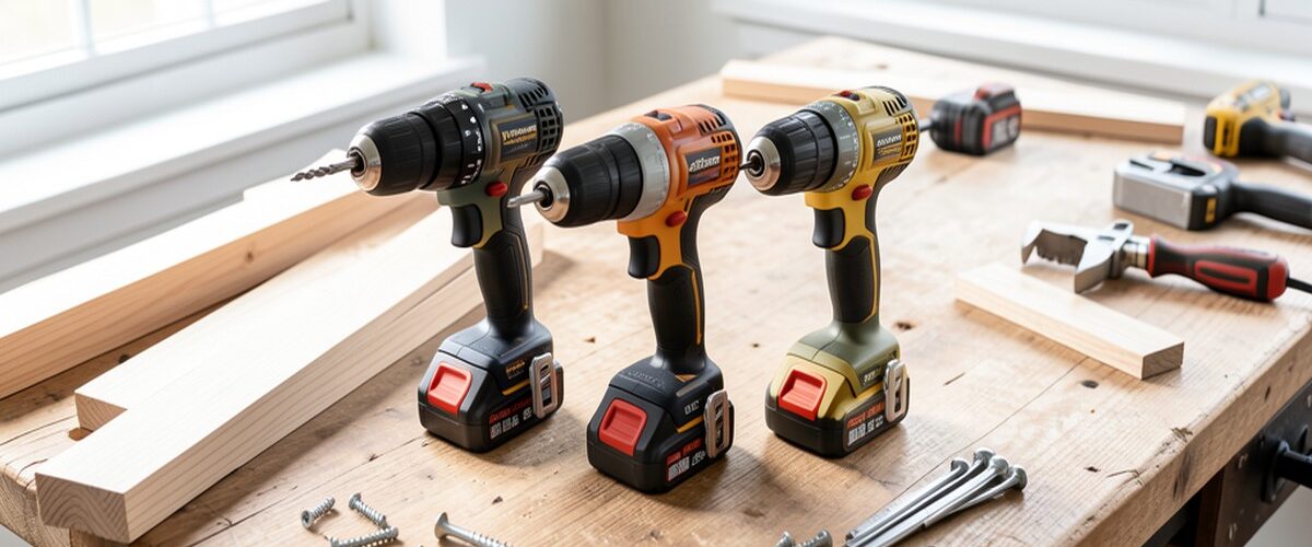Atelier de bricolage avec trois perceuses sans fil disposées sur un établi en bois près d'une fenêtre
