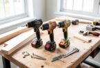 Atelier de bricolage avec trois perceuses sans fil disposées sur un établi en bois près d'une fenêtre