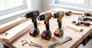 Atelier de bricolage avec trois perceuses sans fil disposées sur un établi en bois près d'une fenêtre