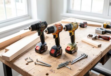 Atelier de bricolage avec trois perceuses sans fil disposées sur un établi en bois près d'une fenêtre