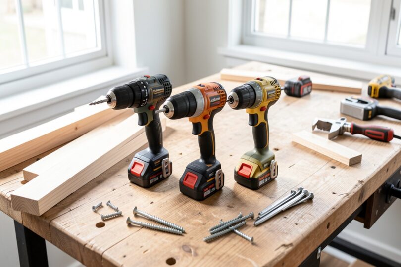 Atelier de bricolage avec trois perceuses sans fil disposées sur un établi en bois près d'une fenêtre