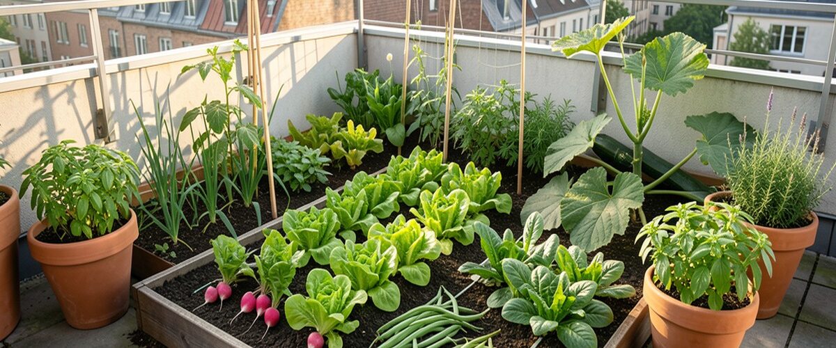 Petit potager urbain de 20m2 sur une terrasse avec radis, salades, haricots et courgettes en pleine croissance
