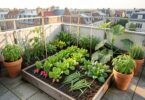 Petit potager urbain de 20m2 sur une terrasse avec radis, salades, haricots et courgettes en pleine croissance