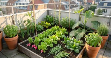 Petit potager urbain de 20m2 sur une terrasse avec radis, salades, haricots et courgettes en pleine croissance