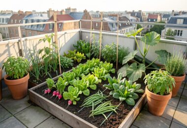 Petit potager urbain de 20m2 sur une terrasse avec radis, salades, haricots et courgettes en pleine croissance