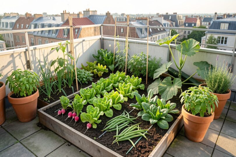 Petit potager urbain de 20m2 sur une terrasse avec radis, salades, haricots et courgettes en pleine croissance