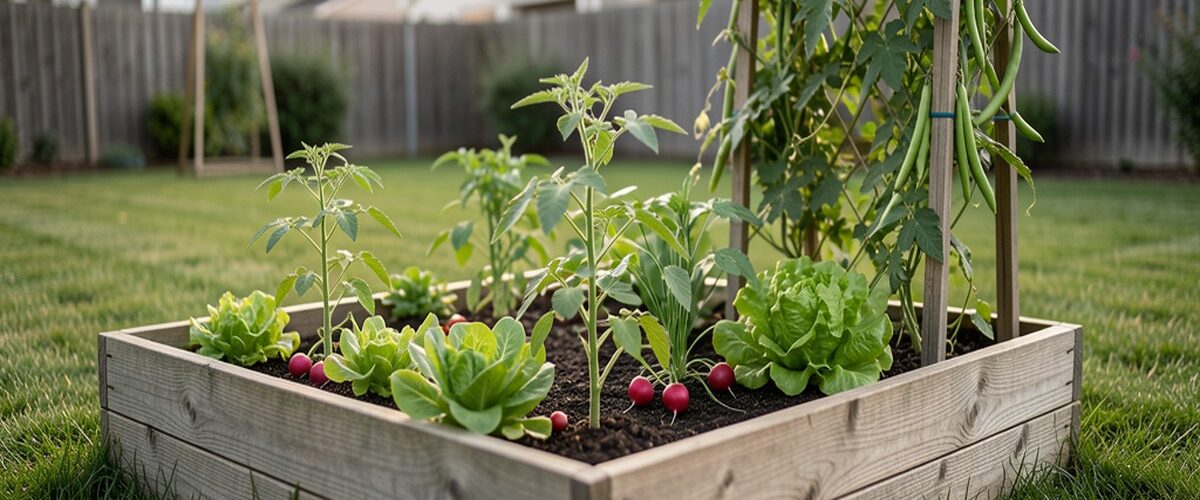 Petit potager de 10 mètres carrés avec des planches en bois, plants de tomates et salades dans un jardin ensoleillé
