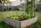 Petit potager de 10 mètres carrés avec des planches en bois, plants de tomates et salades dans un jardin ensoleillé