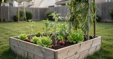 Petit potager de 10 mètres carrés avec des planches en bois, plants de tomates et salades dans un jardin ensoleillé