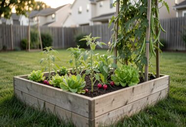 Petit potager de 10 mètres carrés avec des planches en bois, plants de tomates et salades dans un jardin ensoleillé