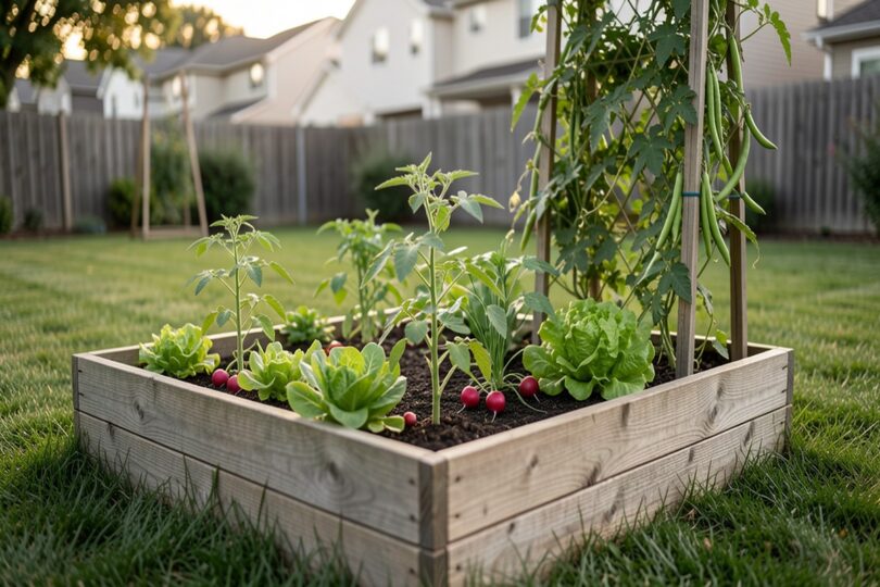 Petit potager de 10 mètres carrés avec des planches en bois, plants de tomates et salades dans un jardin ensoleillé