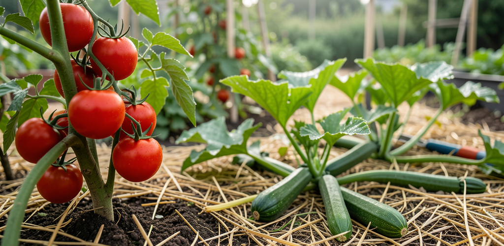 Potager luxuriant en juillet avec tomates rouges, courgettes et paillis au sol, rosée du matin sur les feuilles