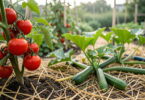 Potager luxuriant en juillet avec tomates rouges, courgettes et paillis au sol, rosée du matin sur les feuilles