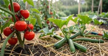 Potager luxuriant en juillet avec tomates rouges, courgettes et paillis au sol, rosée du matin sur les feuilles