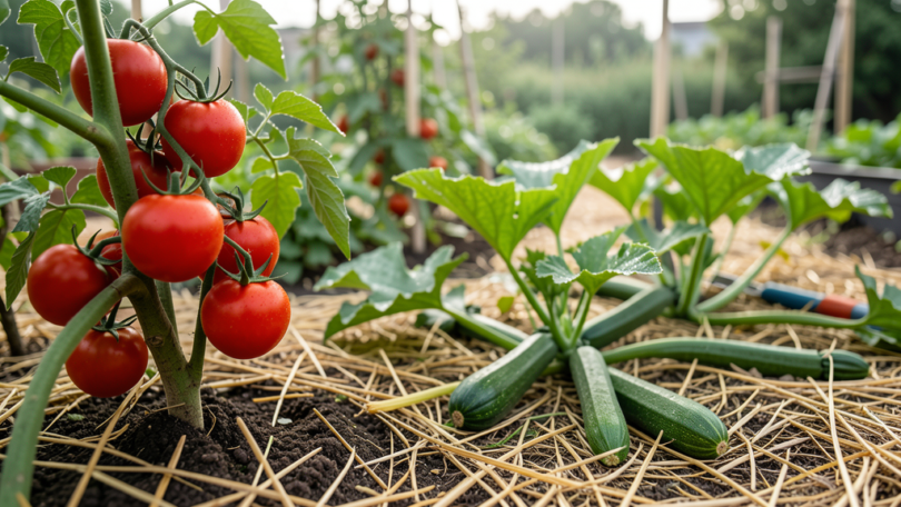Potager luxuriant en juillet avec tomates rouges, courgettes et paillis au sol, rosée du matin sur les feuilles
