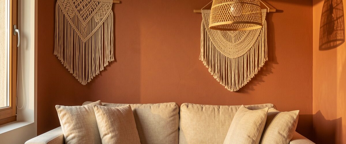 Salon chaleureux avec mur terracotta, coussins en lin beige, suspension en rotin et décoration macramé murale
