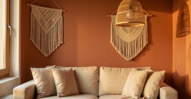 Salon chaleureux avec mur terracotta, coussins en lin beige, suspension en rotin et décoration macramé murale