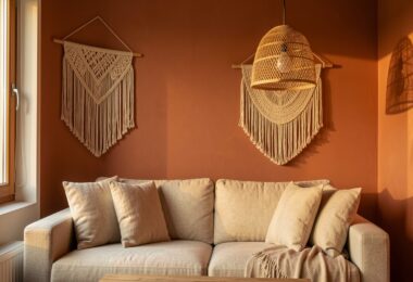 Salon chaleureux avec mur terracotta, coussins en lin beige, suspension en rotin et décoration macramé murale
