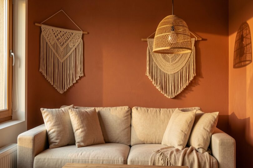 Salon chaleureux avec mur terracotta, coussins en lin beige, suspension en rotin et décoration macramé murale