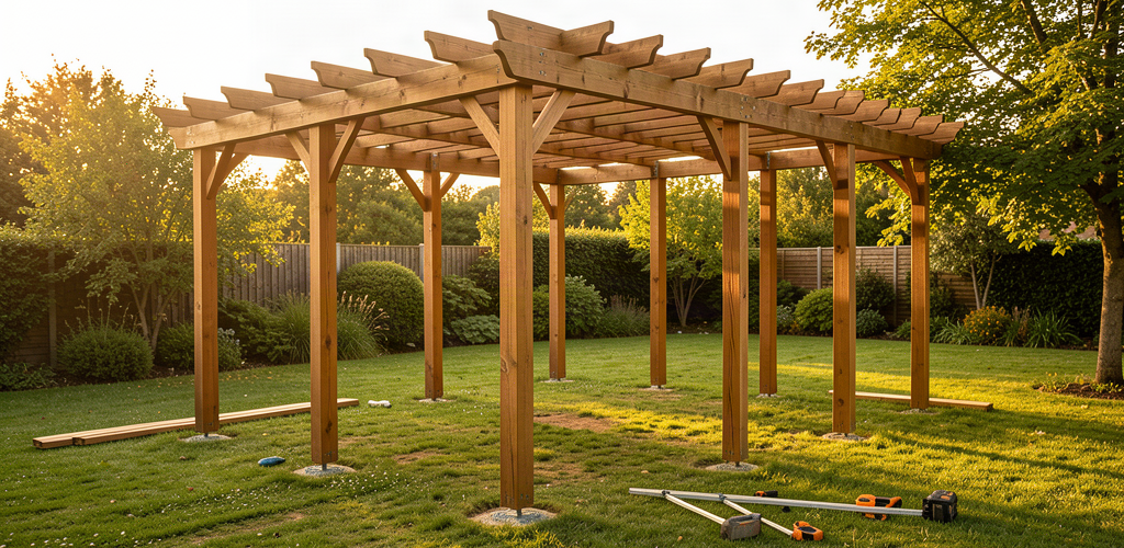 Construction d'une pergola en bois dans un jardin, avec poteaux et poutres partiellement assemblés, outils de bricolage à proximité, lumière dorée d'après-midi