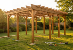 Construction d'une pergola en bois dans un jardin, avec poteaux et poutres partiellement assemblés, outils de bricolage à proximité, lumière dorée d'après-midi